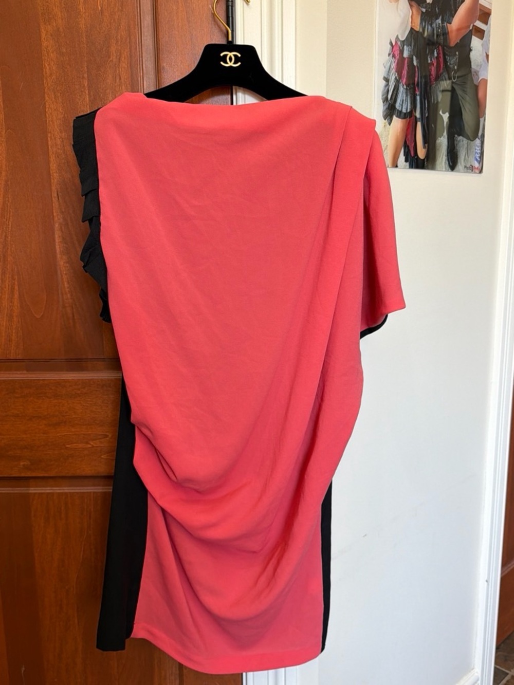 Chanel Asymmetrical Draped Coral and Black Dress